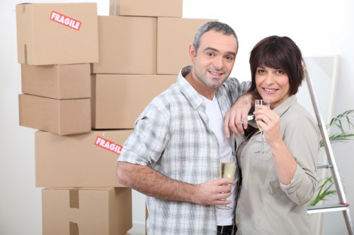 Dismantled office furniture and moving supplies prepared for transport