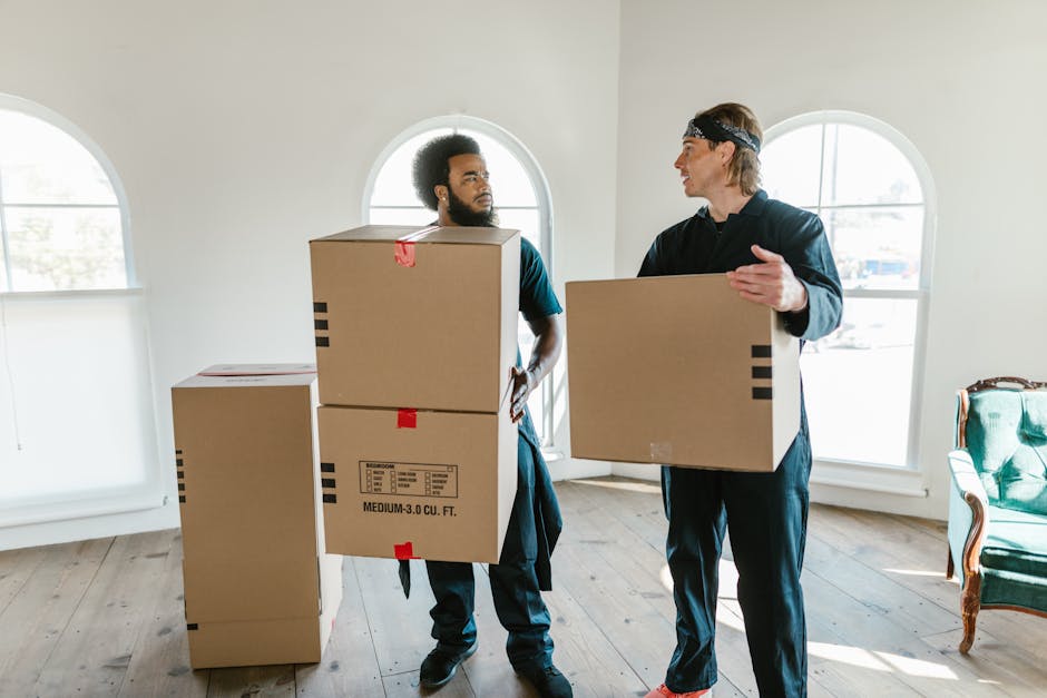 Two removal workers from Crystal Palace Man and Van are inside a well-lit room with white walls and wooden flooring, preparing for a home relocation. They are lifting and carrying cardboard boxes, some of which are medium-sized with printed labels indicating volume, while others are smaller. One worker, with curly hair and a beard, holds a box in his right hand, standing near a pile of boxes stacked on the floor, with one directly behind him. The other worker, wearing a headband, is engaged in conversation, holding a box with both hands, and facing the first worker. The room features a large, arched window allowing natural daylight to illuminate the space, highlighting the presence of packing and moving materials such as cardboard boxes and protective wrapping. In the background, part of a green upholstered armchair is visible, and the environment suggests an ongoing packing and loading process typical of furniture transport and moving services, with the room prepared for the next steps in the relocation process as coordinated by [COMPANY_NAME].